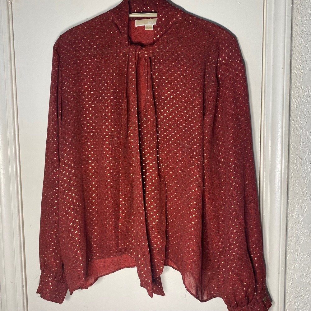 Michael Kors Red Paisley Gold Foil Tie Neck Blouse Womens Large Metallic L/S Top